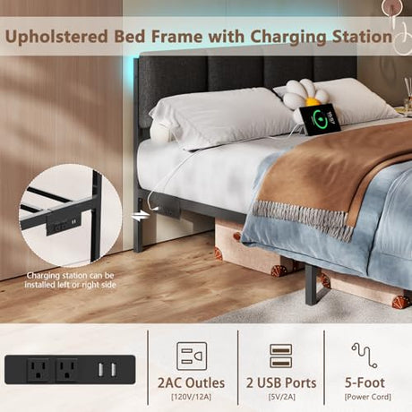 Furnulem Queen Bed Frame with Adjustable Headboard, Upholstered Bed with 2 Storage Drawers, Built-in USB Charging Station & LED Lights, Platform Bedframe with Metal Slats, No Spring Box Needed, Grey Furnulem