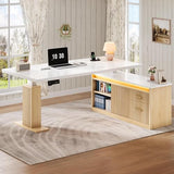 YITAHOME L Shaped Standing Desk with Power Outlets & LED Lights, 63" Electric Standing Desk Adjustable Height Sit Stand Corner Standing Desks with Drawers & Sliding Door, High-Gloss White+Natural Oak YITAHOME