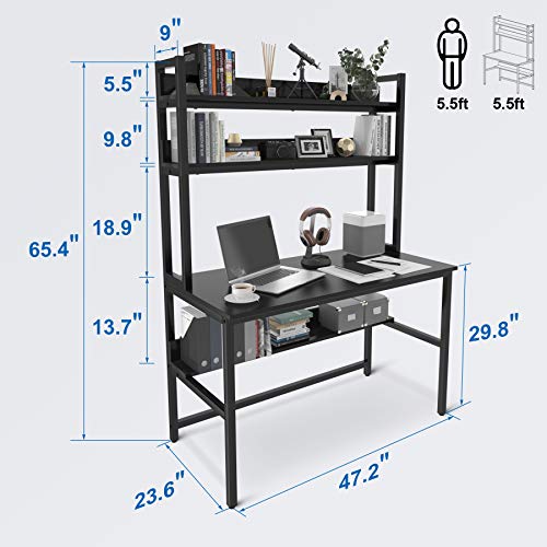 Aquzee 47-Inch Modern Ergonomic Computer Desk with Hutch and Storage Shelves in Black - WoodArtSupply