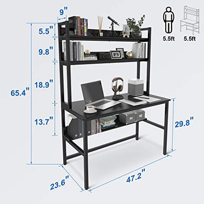 Aquzee 47-Inch Modern Ergonomic Computer Desk with Hutch and Storage Shelves in Black - WoodArtSupply