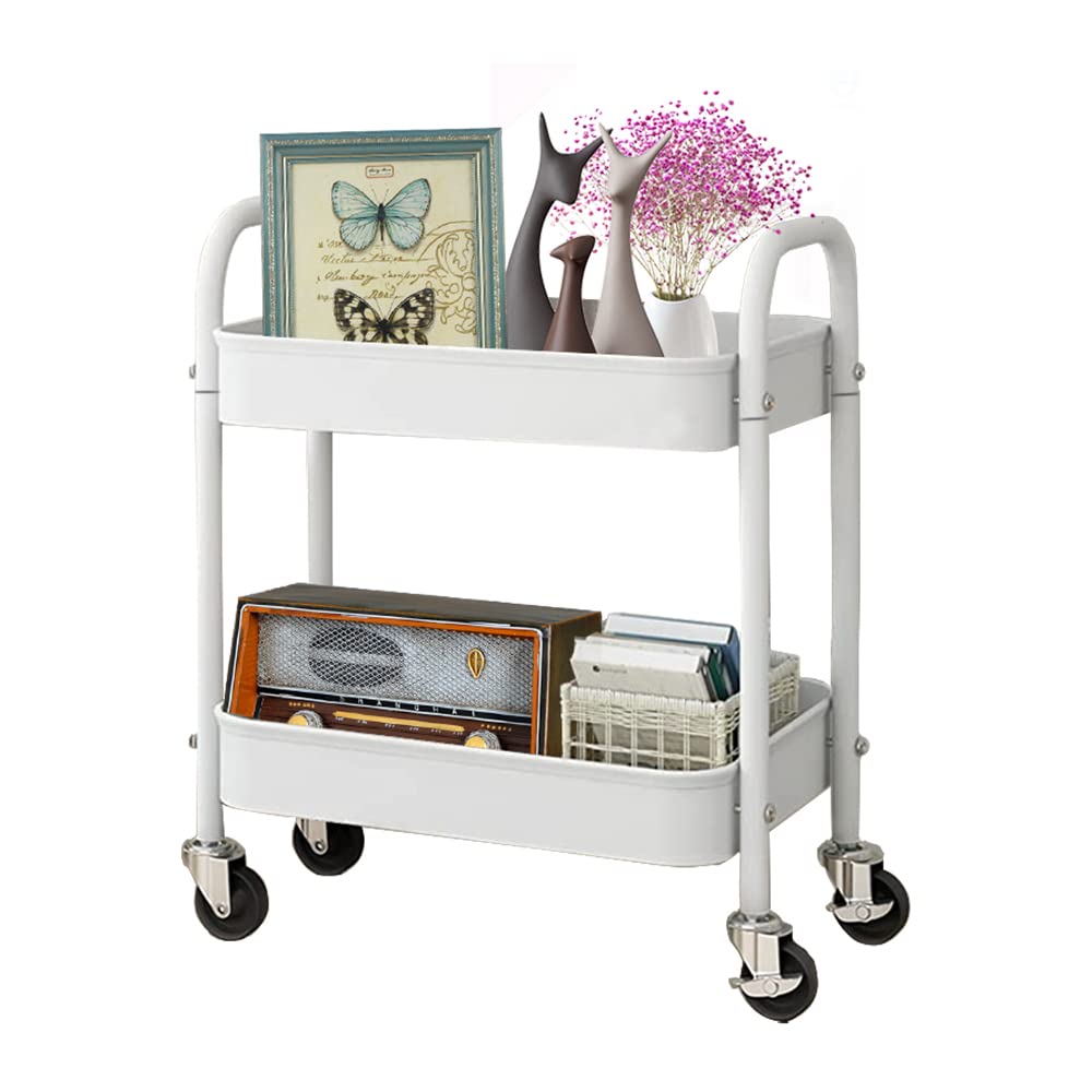 2 Tier All-Metal Rolling Cart, Rolling Storage Cart with Handle and Locking Wheels Kitchen Cart Laundry Office Bathroom Storage Organizer Cart, White Melody House