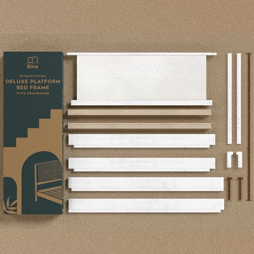 Bme Ethan Solid Wood King Bed Frame with Diamond Headboard - Rustic & Mid-Century Modern - Acacia Wood Platform Bed - Compatible with All Mattresses - No Box Spring Needed - Rustic White Bme