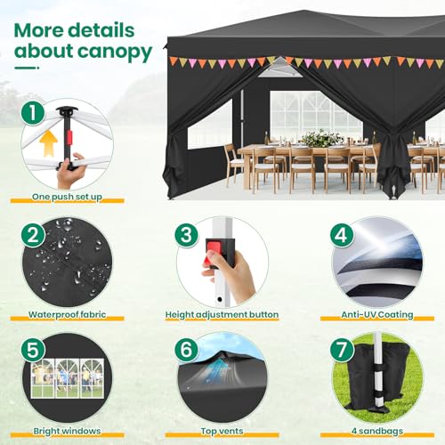 COBIZI Canopy 10x20 Pop Up Canopy Tent with 6 Sidewalls, One Push Party Tents for Parties Outdoor Wedding Waterproof Gazebo Commercial Event Tent with Sandbags, Black COBIZI