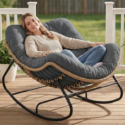 SWITTE Oversized Outdoor Papasan Rocking Chair, Wicker Egg Chair with Thick Cushion, Patio Lounge Rocker Bed for Indoor & Outdoor, Bedroom, Balcony, Porch, Garden, Dark Gray