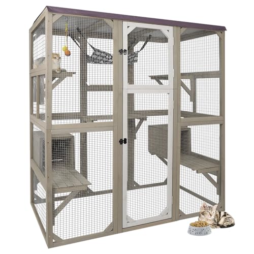 Ketive Catio Outdoor Cat Enclosure Cat Catio Cat House, Cat Cage Condo Indoor Playpen Kitty House Shelter with Multi Platforms, Waterproof Roof, Pull-Out Tray (59" L x 29.5" W x 67.7" H) - WoodArtSupply