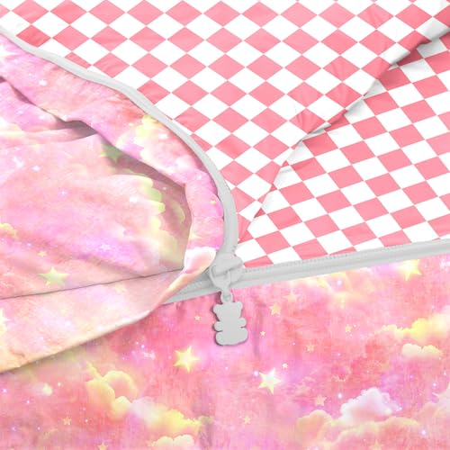 Yadangxiawa Kids Comforter Set,Zipper Bedding Twin for Girls,Pink Cloud Printed Comforter Set with Pink Checkerboard Fitted Sheets and Pillowcases for All Season(Cloud Twin) Yadangxiawa