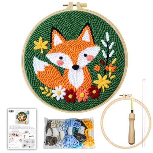 JOZYSH Punch Needle Embroidery Starter Kits for Beginners Cute Cartoon Animal Embroidery Hoops,Color Threads,Instructions and Needles,DIY Adults Embroidery (Fox)