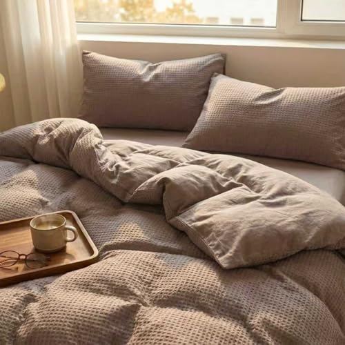 DCSKY Cotton Duvet Cover King,100% Cotton Waffle Weave Brown Duvet Covers King Size,Luxury Textured & Breathable 3pcs with 2 Pillow Shams for All Season 104x90 Inches DCSKY