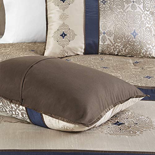 Madison Park Essentials Delaney 24-Piece Room In A Bag Comforter Set-Satin Jacquard All Season Luxury Bedding, Sheets, decorative pillows and Curtains, Valance, Cal King(104"x92"), Medallion Navy Madison Park