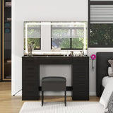 Vanity Desk with 11 Drawers,Glass Top Makeup Table with Mirror and LED Lights Vanity Table with Stool 3 Lighting Modes Brightness Adjustable Dressing Table with Power Outlet&Hair Dryer Holder (Black) Panana
