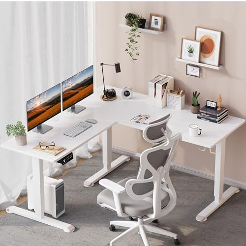 Shahoo L-Shaped Electric Standing Desk, 63 x 55 Inches Height Adjustable Coner Table, Home Office Computer Workstation, White, 63 x 55 Inch Shahoo
