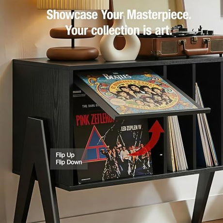 Record Player Stand with Vinyl Storage, 32" Turntable Stand with Flip-Up Album Display, Mid Century Modern Black Vinyl Record Storage Cabinet, Audio Media Console Table with V-Shape Legs FurnPulse