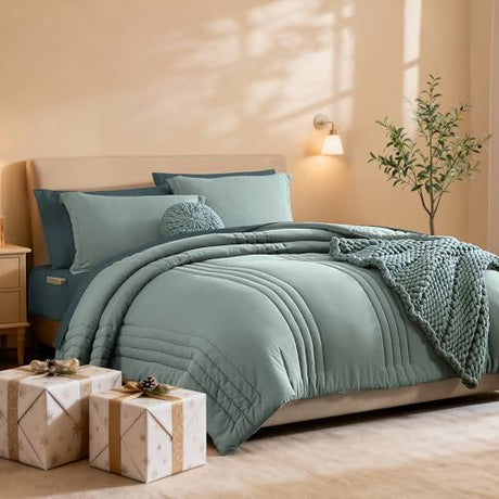 Monbix Full Size Comforter Sets - 7 Pieces Sage Green Bed in a Bag Full Size Bedding Sets with Comforter, Sheets, Pillowcases & Shams Monbix
