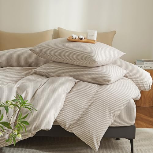 MWL Toy Striped Duvet Cover Set Full Size 3 Pcs Breathable Durable 100% Washed Cotton Comforter Cover for All Seasons Chic Linen Like Textured Bedding Set (Light Brown White Pinstripes, Full) MWL Toy