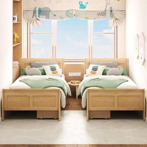 Giantex Twin Bed with 2 Storage Drawers, Wood Platform Bed with Headboard & Footboard, Wooden Slats Support Mattress Foundation, Twin Bed Frames for Kids Teens Adults, No Box Spring Needed (Natural) Giantex