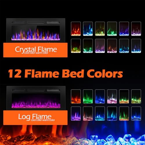 BETELNUT 30" Electric Fireplace Wall Mounted and Recessed with Remote Control, 750/1500W Ultra-Thin Wall Fireplace Heater W/Timer Adjustable Flame Color and Brightness, Log Set & Crystal Options BETELNUT