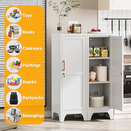 46"H White Metal Locker with 1 Lockable Door and 2 Adjustable Shelves For Employees,3 Tier Small Storage Cabinet with Detachable Legs and Vintage Handle for Kitchen, Office,School,Gym,Easy Assembly Firstsky