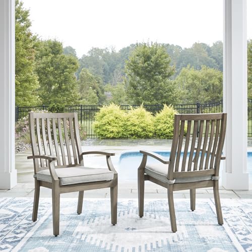 Signature Design by Ashley Rainier Ranch Contemporary Rust Resistant Aluminum High Back Outdoor Arm Chair with Loose Seat Cushion, Set of 2, Light Brown & Beige Signature Design by Ashley
