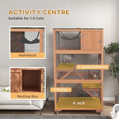 PawHut Catio, Outdoor Cat Enclosure House, Wooden Feral Cat Shelter on Wheels, Cat Cage with Hammock, Platforms Ramps, and Weather Protection Asphalt Roof, 34", Orange PawHut