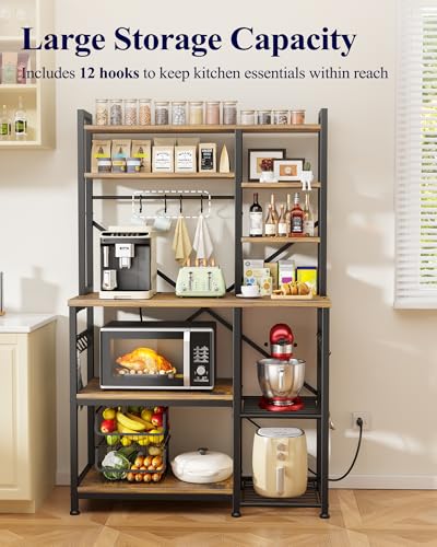 Kitsure Baker's Rack with Power Outlet - Storage Rack with Kitchen Shelves and 12 Hooks, Versatile Coffee Bar and Microwave Stand for Appliances, Pantry, Home Organization,Brown, 38.0" x 15.5" x 67.0"