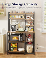 Kitsure Baker's Rack with Power Outlet - Storage Rack with Kitchen Shelves and 12 Hooks, Versatile Coffee Bar and Microwave Stand for Appliances, Pantry, Home Organization,Brown, 38.0" x 15.5" x 67.0"