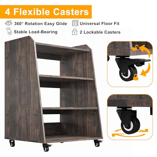 Rresyet 22.1" Record Player Stand with Charging Station & LED Lights,4-Tier Vinyl Record Storage with Wheel & Open Divided Shelves, Record Cabinet for Music Room, Living Room Rresyet