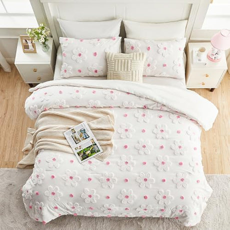 CotComf Twin Comforter Set for Girls 2 Pieces Tufted Daisies Flowers Twin Size Pink Floral Bedding Set Cute Comforter Set for Kids, Lightweight Bed Set for Kids Teen Girls Women CotComf