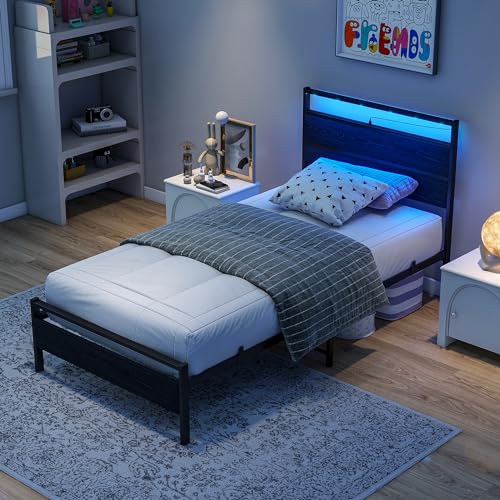 BOFENG Twin Bed Frame with Wood Headboard and USB Charging Station/LED Lights,Metal Single Platform Bed Frame Twin Size No Box Spring Needed,Heavy Duty Metal Slats Support,Noise Free,Black BOFENG