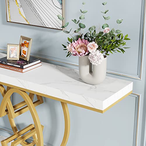 LITTLE TREE 55-Inch Gold Console Table for Entryway, Modern Faux Marble Foyer Table with Geometric Metal Legs, Narrow Long Sofa Table for Living Room LITTLE TREE