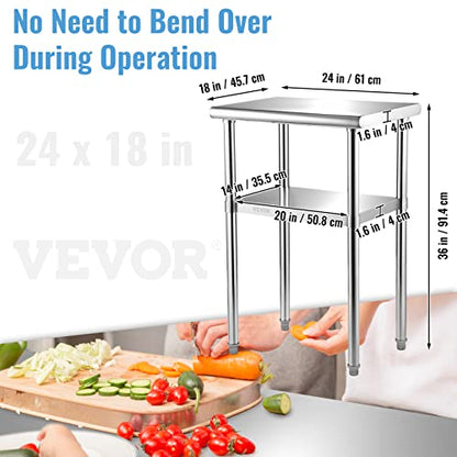 VEVOR Stainless Steel Prep Table, 24 x 18 x 36 Inch, 600lbs Load Capacity Heavy Duty Metal Worktable with Adjustable Undershelf & Feet, Commercial Workstation for Kitchen Restaurant Garage Ba - WoodArtSupply