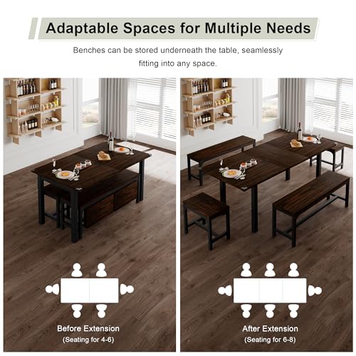 Feonase 5-Piece Dining Table Set for 4-8 People, 63" Extendable Kitchen Table Set with 2 Benches and 2 Square Stools, Dining Room Table with MDF Wood Board, Easy Clean, Dark Brown Feonase