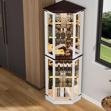 PAKASEPT 71'' Farmhouse Display Curio Cabinet with LED Lights,Tempered Glass Doors,6 Shelves,Floor Standing Display Cage Corner Wine Cabinet Storage Rack for Bar and Liquor Storage,White PAKASEPT