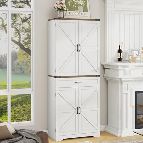 Halitaa 72" Tall Farmhouse Pantry Storage Cabinet with Organizer - Large Capacity Freestanding Cupboard for Kitchen, Dining Room, Living Room, White Halitaa