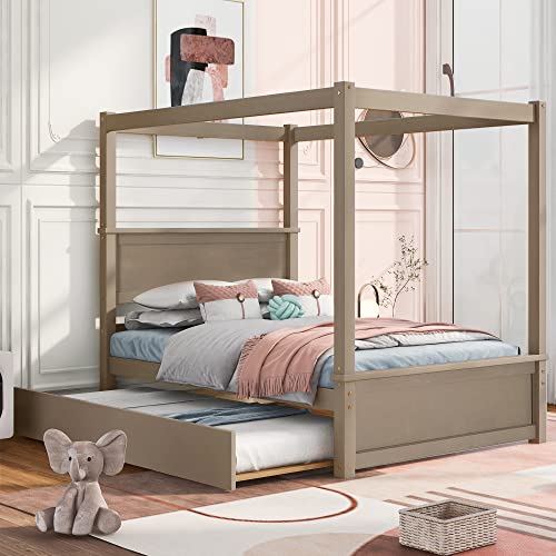 Full Size Canopy Bed Platform Bed with Trundle, Four-Poster Platform Bed with Headboard and Wood Support Slats, Full Bed Frame Wood Poster Panel Beds for Bedroom (Light Brown)