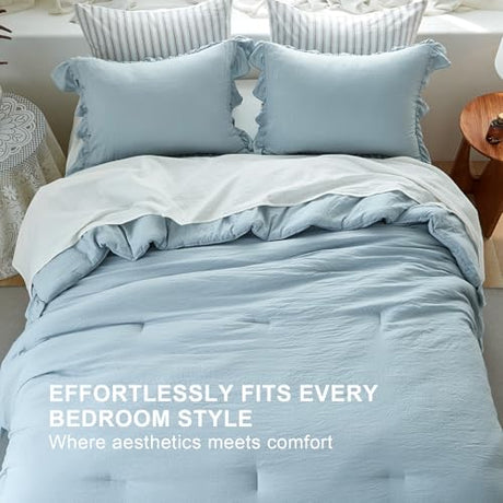 softpage Blue Ruffle Comforter Set King, Pre-Washed Shabby Chic Bedding Set, Lightweight Cottagecore Soft Romantic Cozy 1 Comforter & 2 Shams, All-Season softpage
