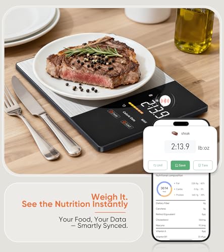 KUAIVO Smart Nutrition Food Scale with LED Display, Tracks Calories, Fat, Carbs & Protein via App, 1g Precision Digital Kitchen Scale for Healthy Eating & Meal Prep KUAIVO