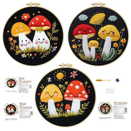 57lilina Embroidery Kit for Beginners, Pack of 3 with Hoops, Threads, Needles - Starter Cross Stitch Supplies for Adults, Gift for Relaxation Craft Lovers, Mushroom Theme