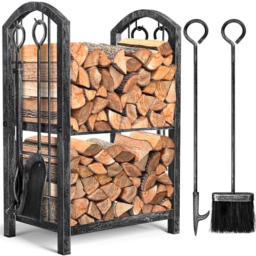 Amagabeli Firewood Rack Indoor 5 Pieces Fireplace Tools Set Fire Wood Holder with Tongs Poker Brush and Shovel Outdoor Log Rack Solid Wrought Iron Fireplace Set Kit Wood Stove Accessories Pewter AMAGABELI GARDEN & HOME