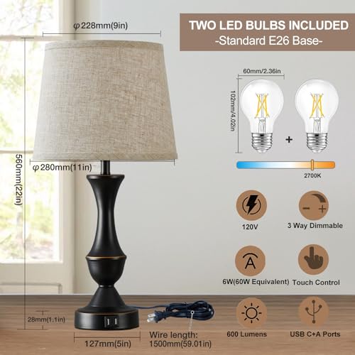 Upgraded Touch Table Lamps Set of 2, 22" Tall Bedside Lamps with USB C+A Ports, 3 Way Dimmable Nightstand Lamps for Bedroom, Living Room, Office, Black Lamps with Beige Lampshade, Bulb Included Luvkczc