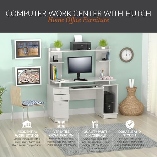 Inval America Computer Work Center with Hutch, Pull-Out Keyboard Tray, Drawers, Desk Workstation, 53.5"H x 48.62"W x 19.5"D, Washed Oak Inval
