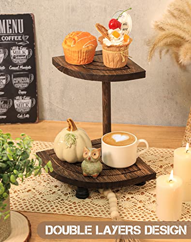 Tikea Decorative Wood Riser for Display, 2-Tier Rustic Corner Shelf for Kitchen Bathroom Counter Decor, Pedestal Stand for Soap Dispenser, Candle and Plant (Brown) Tikea