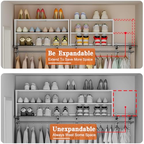 2-Tier Small Shoe Rack Organizer for Closet, White Expandable Shoe Shelf, Stackable Iron Wood Combination Shoe Racks Shelves for Closets, Entryway,Small Space,Hallway,Garage,6-12 Pairs,Patent - WoodArtSupply