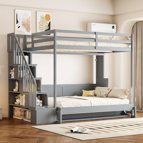 Merax Full Over Full Size Murphy Bed with Hydraulic Lift and Built-in Desk, Space-Saving Wall Bed with Desk Design, Ideal for Home Office, Small Rooms, or Apartments, Gray Merax