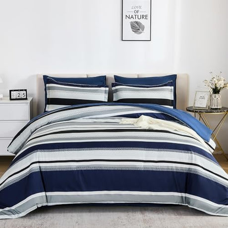 WONGS BEDDING Queen Comforter Set, 7 Pieces Navy Blue Comforter Set Queen Size, Soft Striped Bed in a Bag Bedding Set with Comforter, Flat Sheet, Fitted Sheet, Pillow Shams, Pillowcase WONGS BEDDING