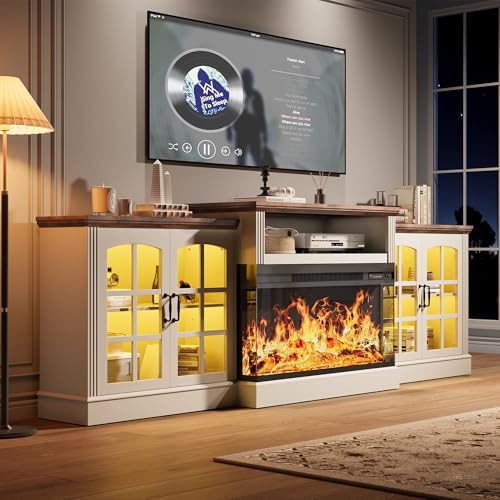 OneBlis 97" Fireplace TV Stand with 36" Electric Fireplace, Farmhouse Entertainment Center for TVs up to 100", Media Console Table with Large Storage Cabinets, for Living Room, White OneBlis