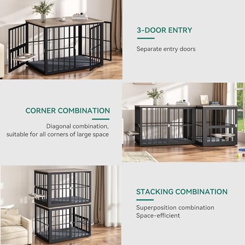 YITAHOME 88.6" Double Dog Crate Furniture, Wooden Dog Kennel with Bowls & 3 Doors, Large Double Crate Furniture TV Stand, Grey YITAHOME