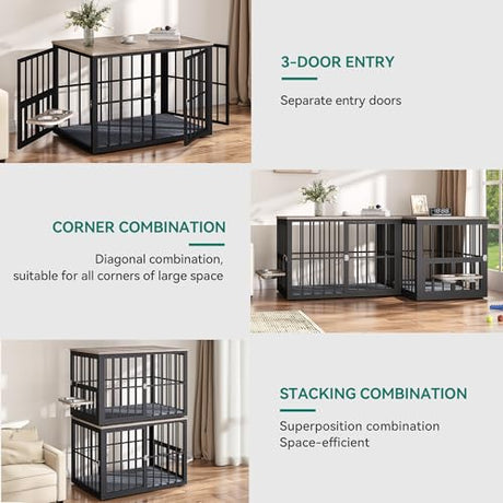 YITAHOME 88.6" Double Dog Crate Furniture, Wooden Dog Kennel with Bowls & 3 Doors, Large Double Crate Furniture TV Stand, Grey YITAHOME