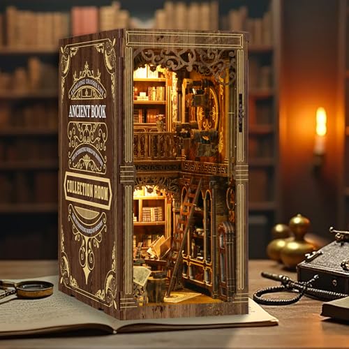 THRIVINGIVAN Book Nook Kit for Adult Miniature Model Build Dollhouse Kit 3D Wooden Puzzle with Sensor Led Light for Bookshelf Bookend Decor Adults Teen Craft(Classical Book Collection Room), 1Pack