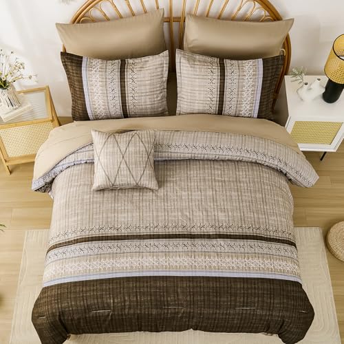 Dintszyayue Brown Comforter Set King Size, 8 Pieces Boho Striped Bed in a Bag Soft Microfiber Bedding Set for All Season Dintszyayue