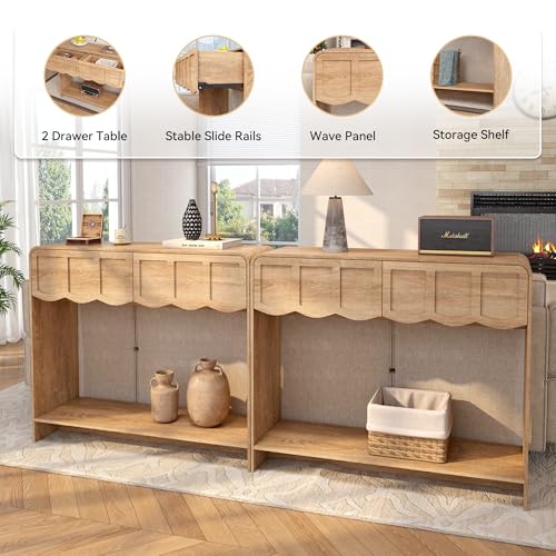 Topbele Console Table with 2 Drawers, Mid-Century Modern 42" Entryway Table with Open Storage Shelves, Sofa Table Behind Couch for Living Room, Hallway, Natural Topbele